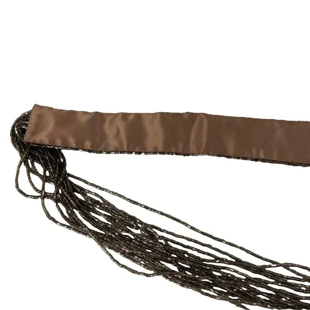 Beaded Belt Brown Tassel Tie Womens Fully Beaded Waist Belt Size Small / Medium